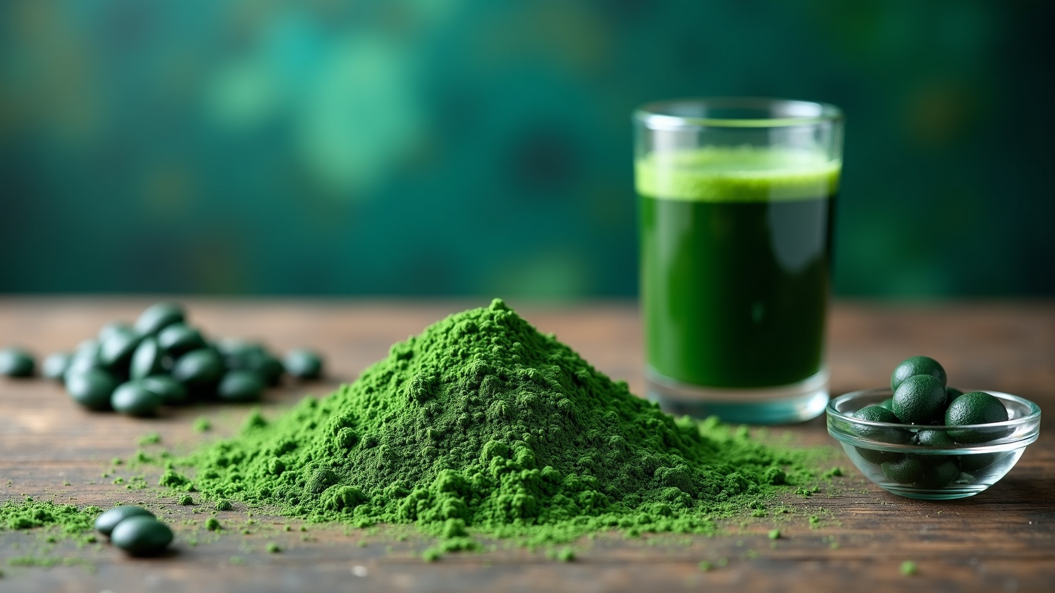 Close-up of spirulina powder and tablets on a wooden surface, with a glass of green spirulina smoothie in the background.