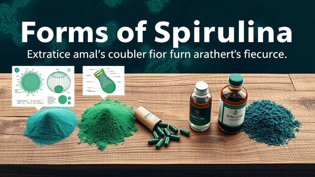 Comparison of spirulina forms: powder, capsules, tincture and whole herb on a wooden table