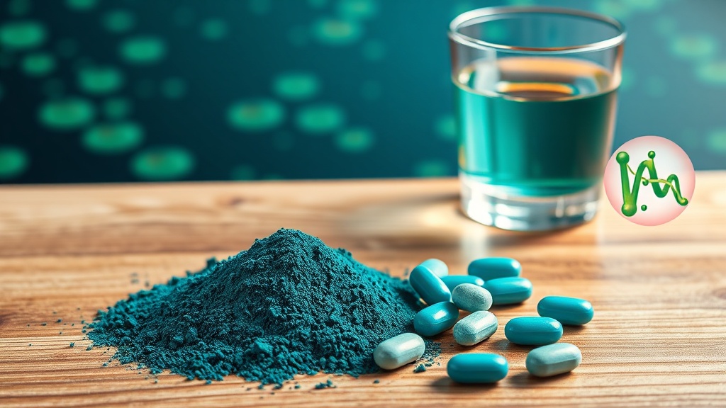 Close-up of spirulina powder and tablets on a wooden surface with a glass of water in the background.