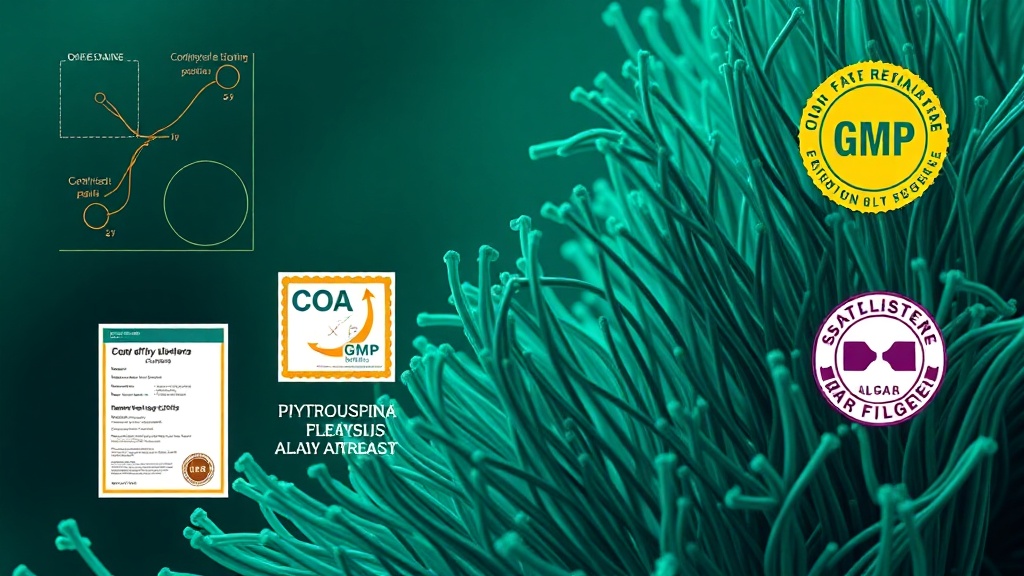Microscopic view of Arthrospira platensis filaments with a certificate of analysis and GMP logo overlay.