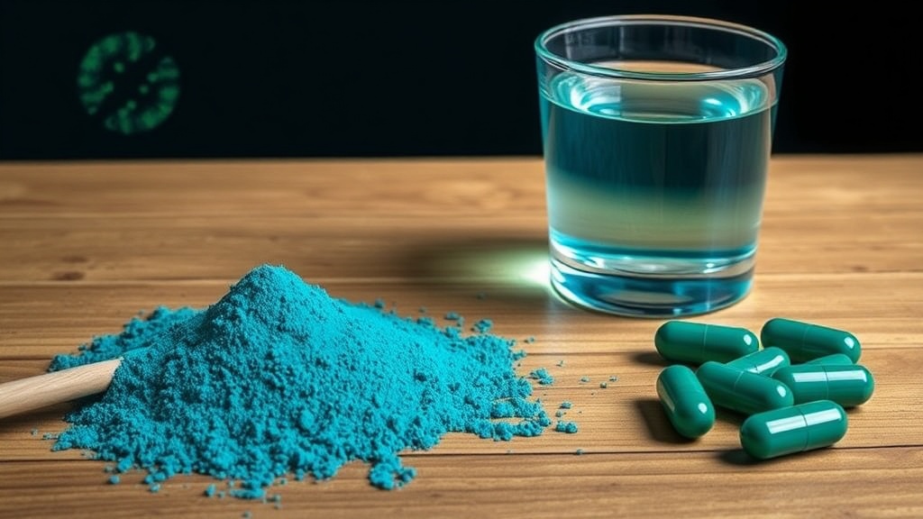 Scoop of blue-green spirulina powder next to a glass of water and capsules on a wooden table.