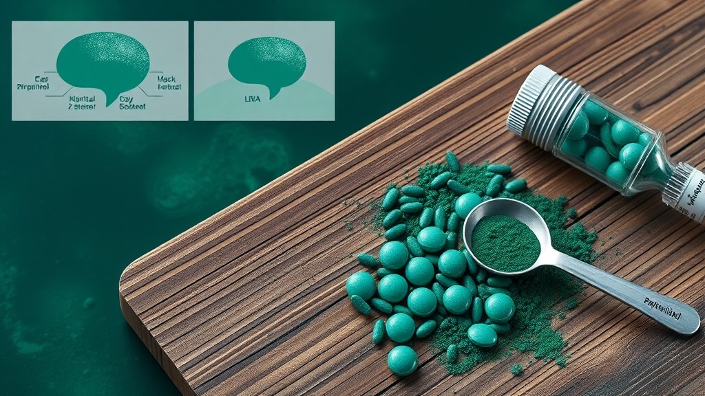 Spirulina powder and tablets on a wooden surface with a measuring spoon, representing dietary supplement use.