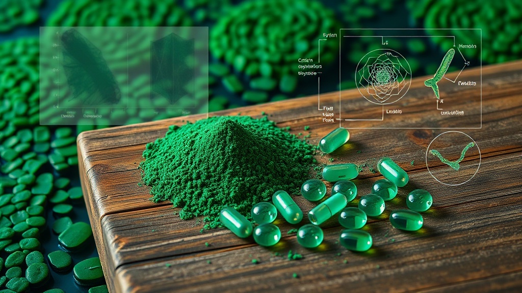 Close-up of spirulina powder and tablets on a wooden surface with green algae background